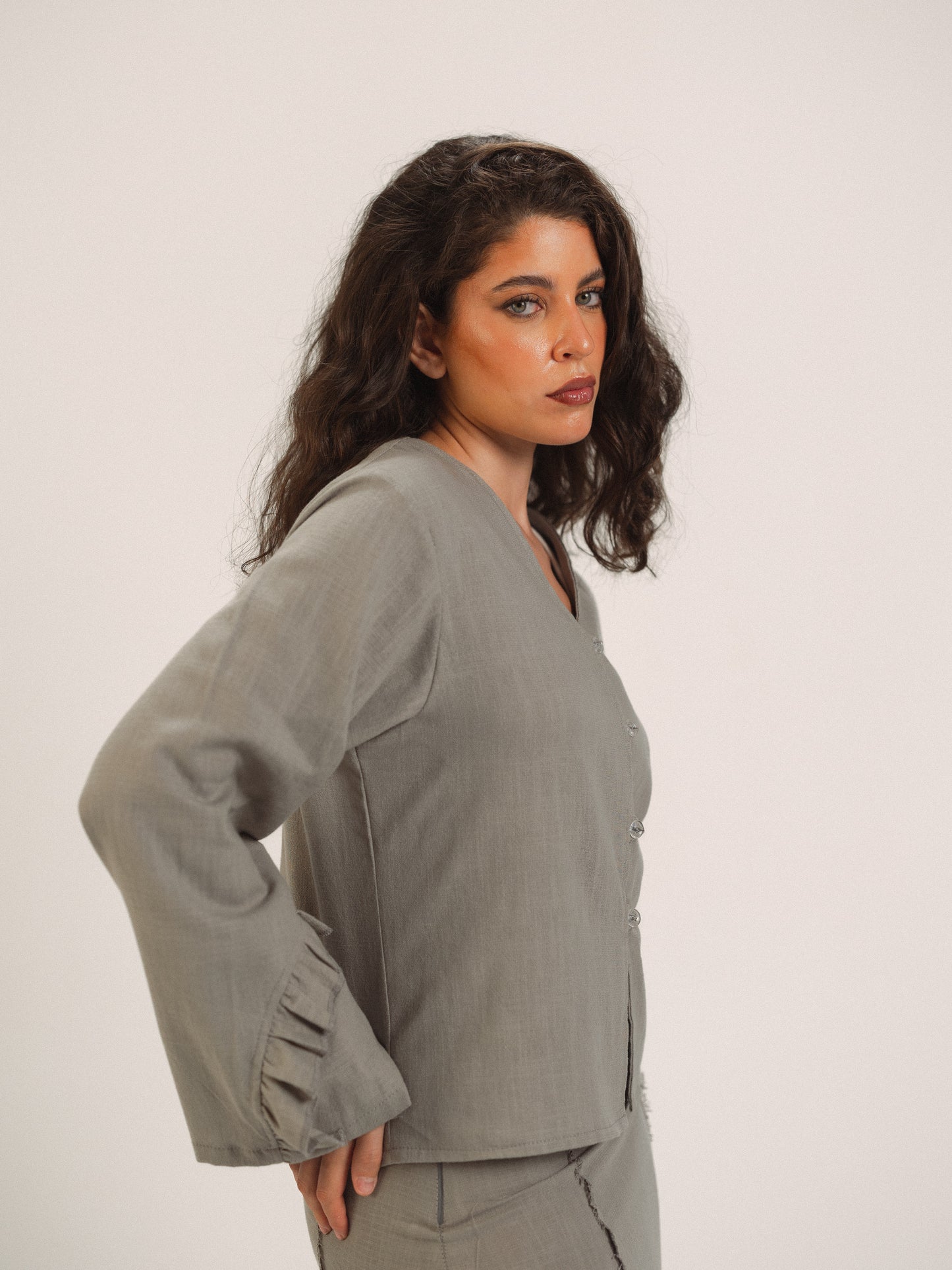 Ruffled Sleeve Buttoned Top in Grey