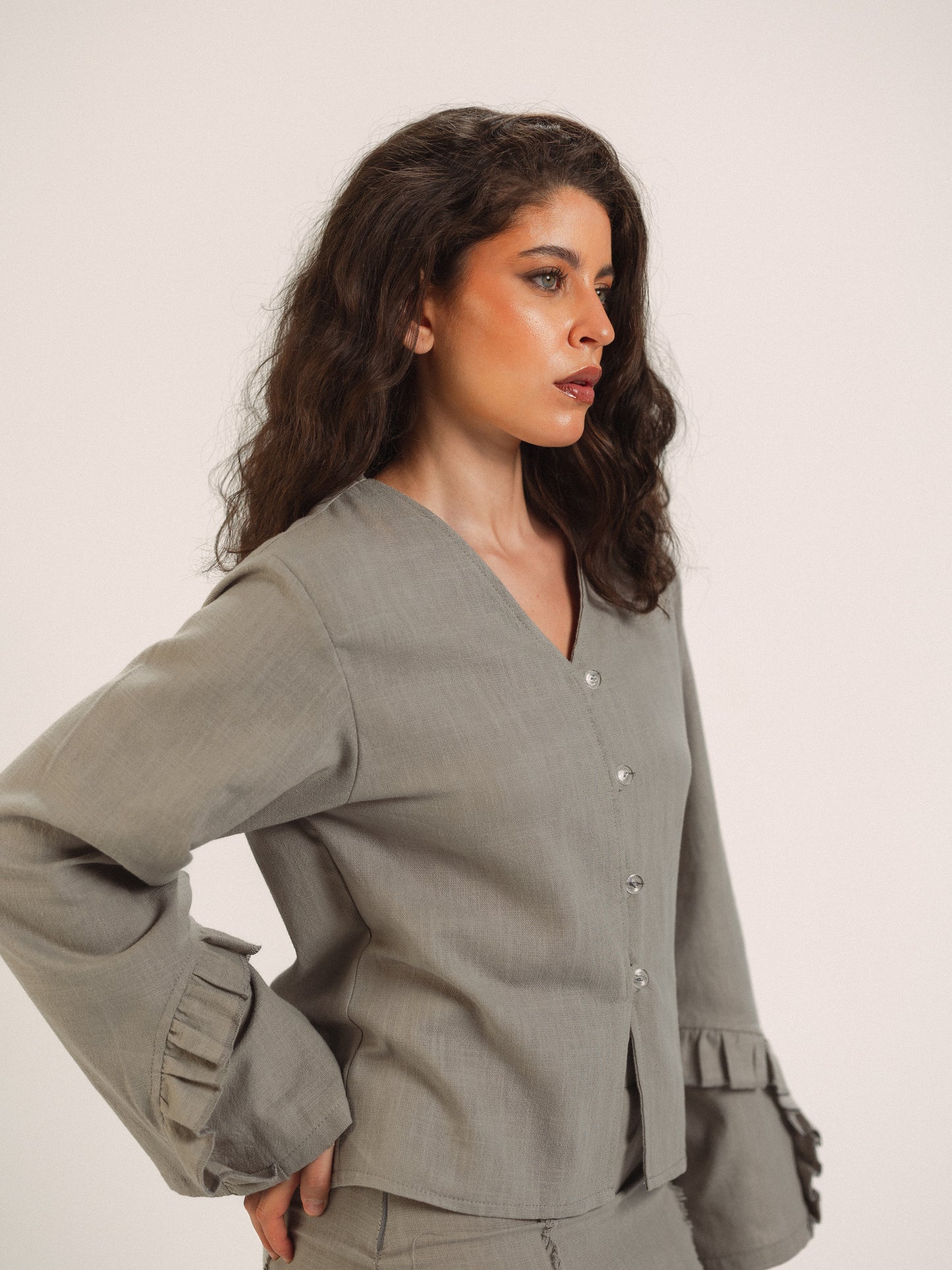 Ruffled Sleeve Buttoned Top in Grey