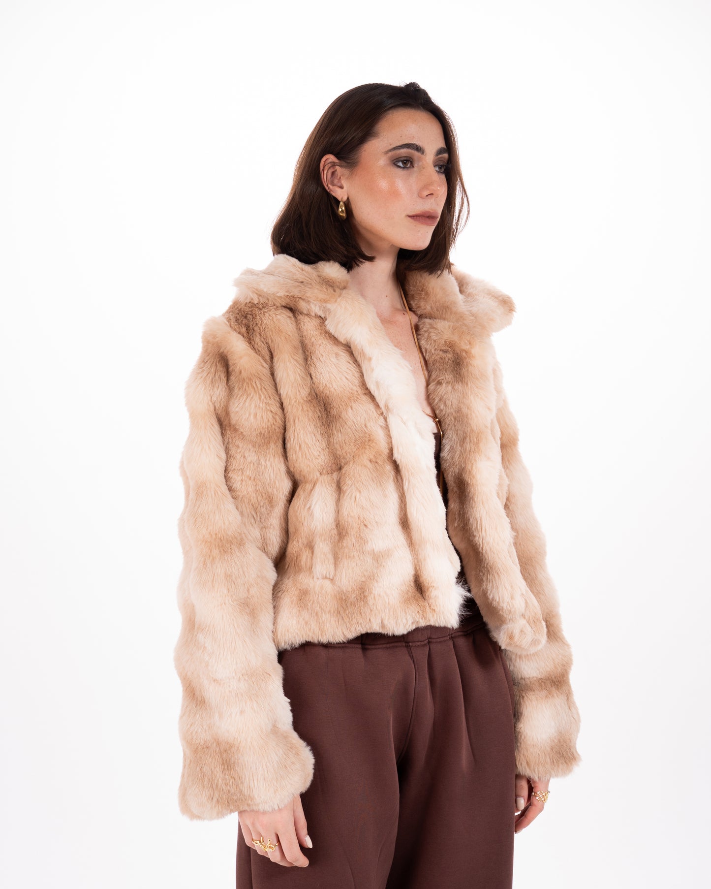 Short Faux Fur Jacket in Light Brown