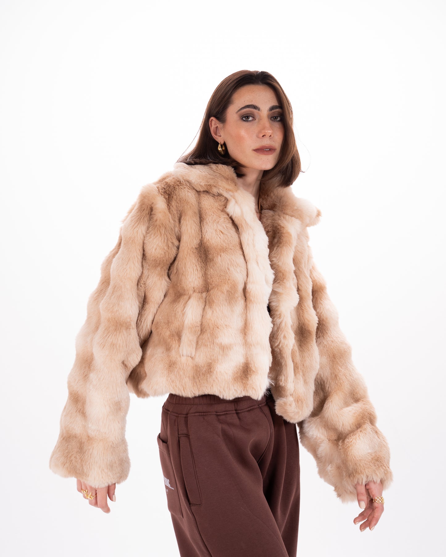 Short Faux Fur Jacket in Light Brown