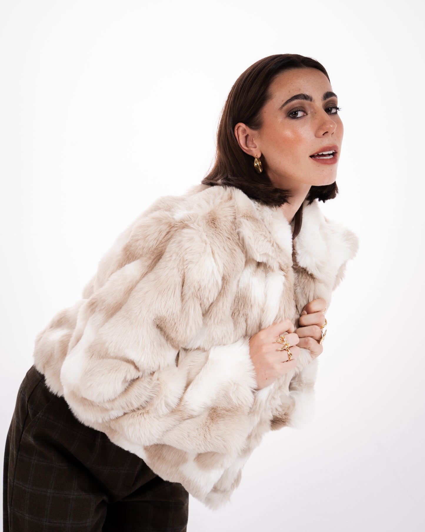 Short Faux Fur Jacket in Beige