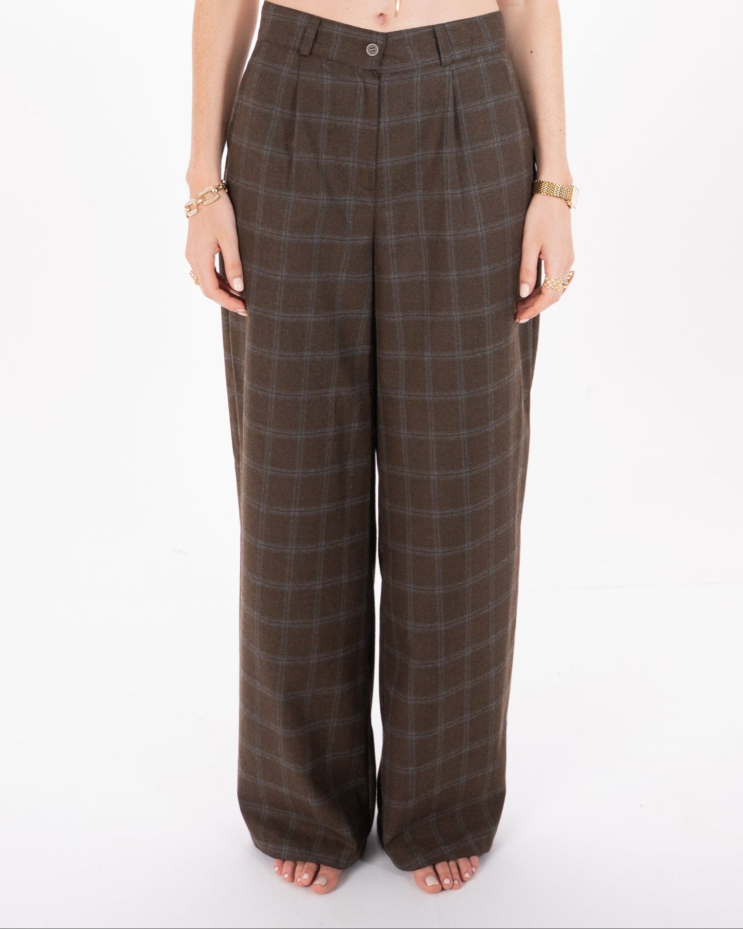 Checked Straight Fit Pants in Brown