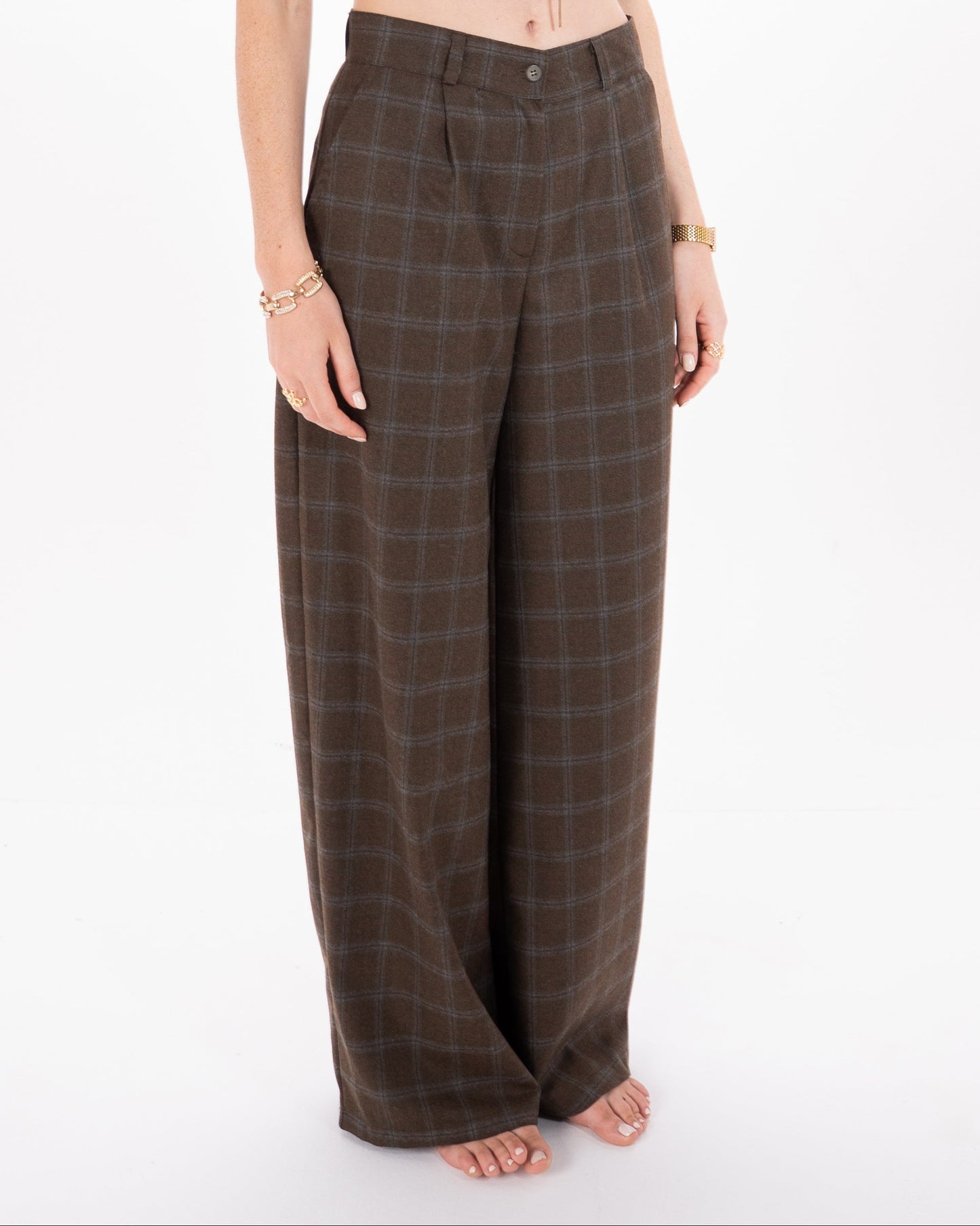 Checked Straight Fit Pants in Brown