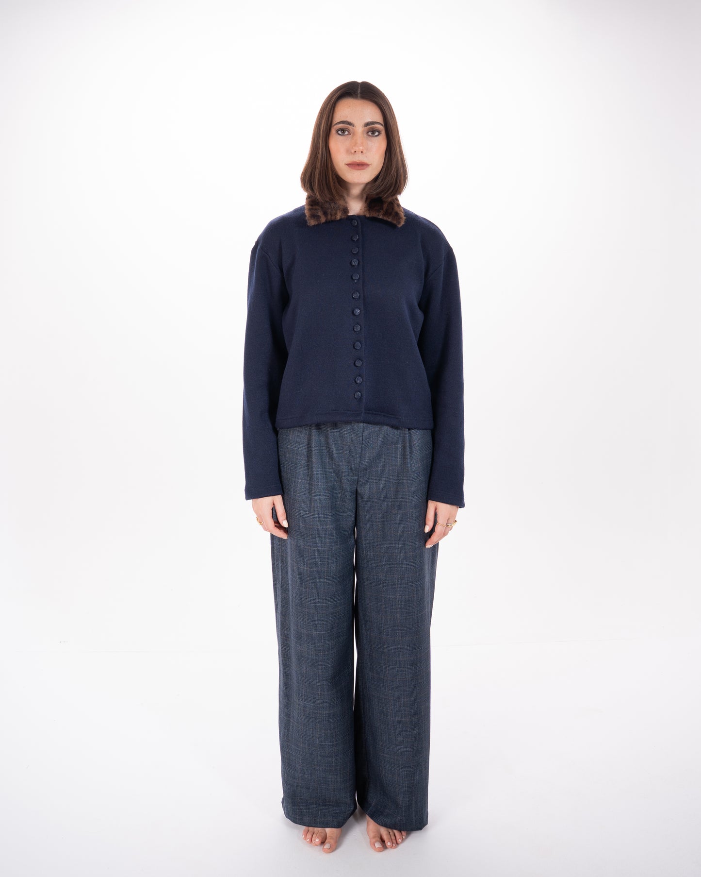 Checked Straight Fit Pants in Navy Blue