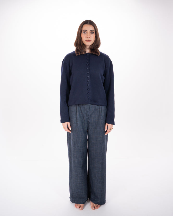 Checked Straight Fit Pants in Navy Blue