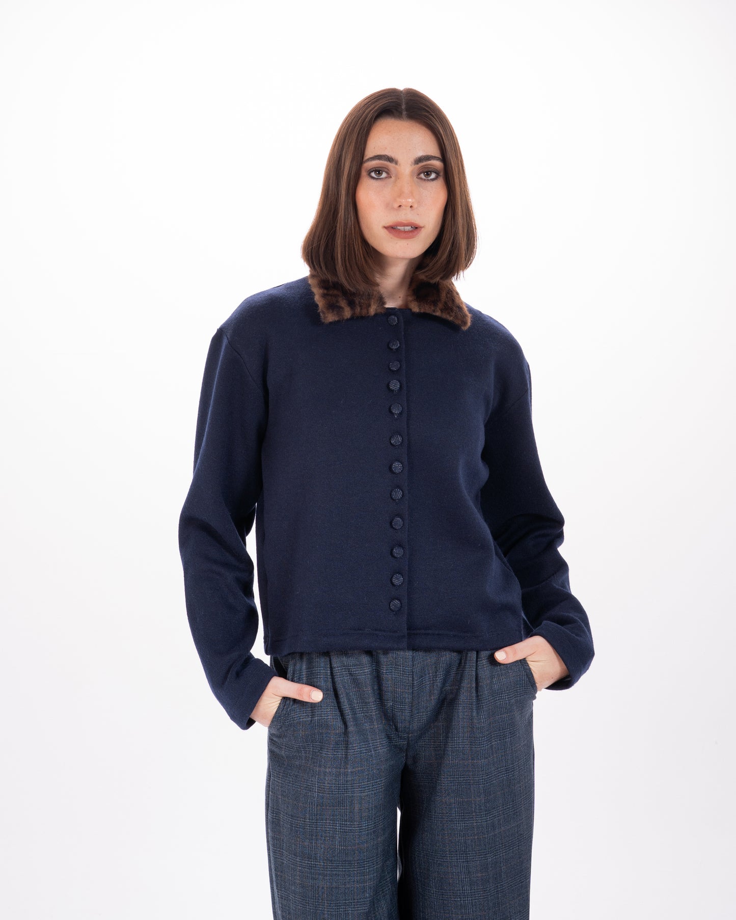 Leopard Print Collar Knit Cardigan in Navy