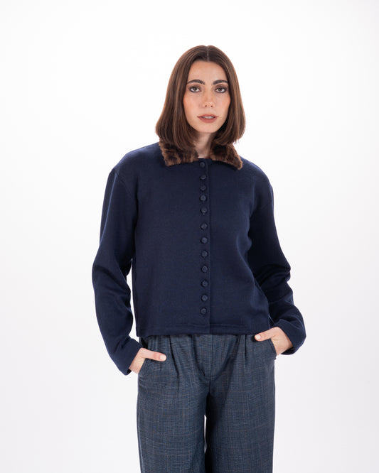 Leopard Print Collar Knit Cardigan in Navy