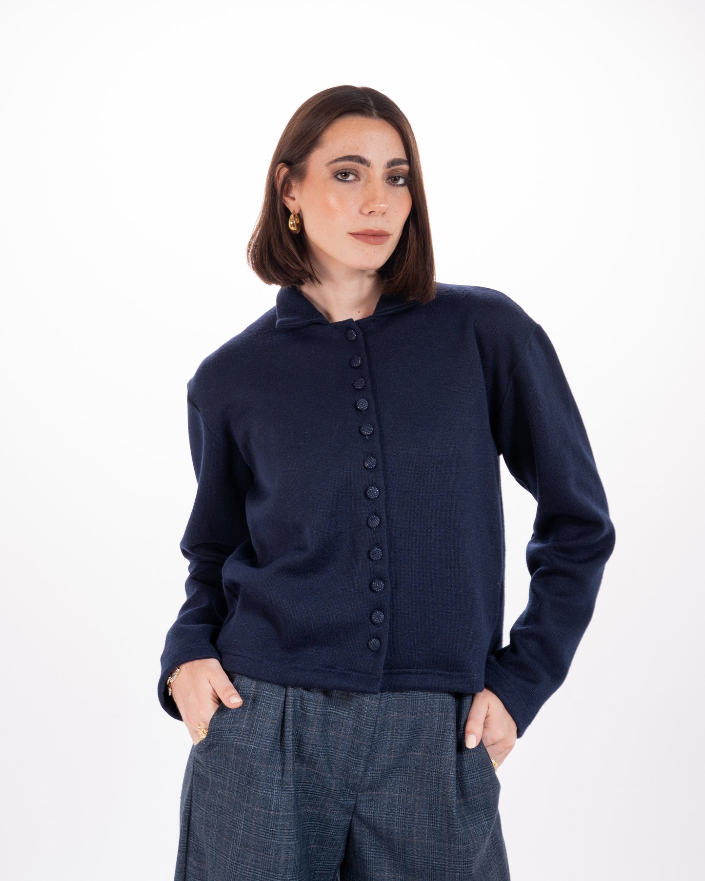 Leopard Print Collar Knit Cardigan in Navy