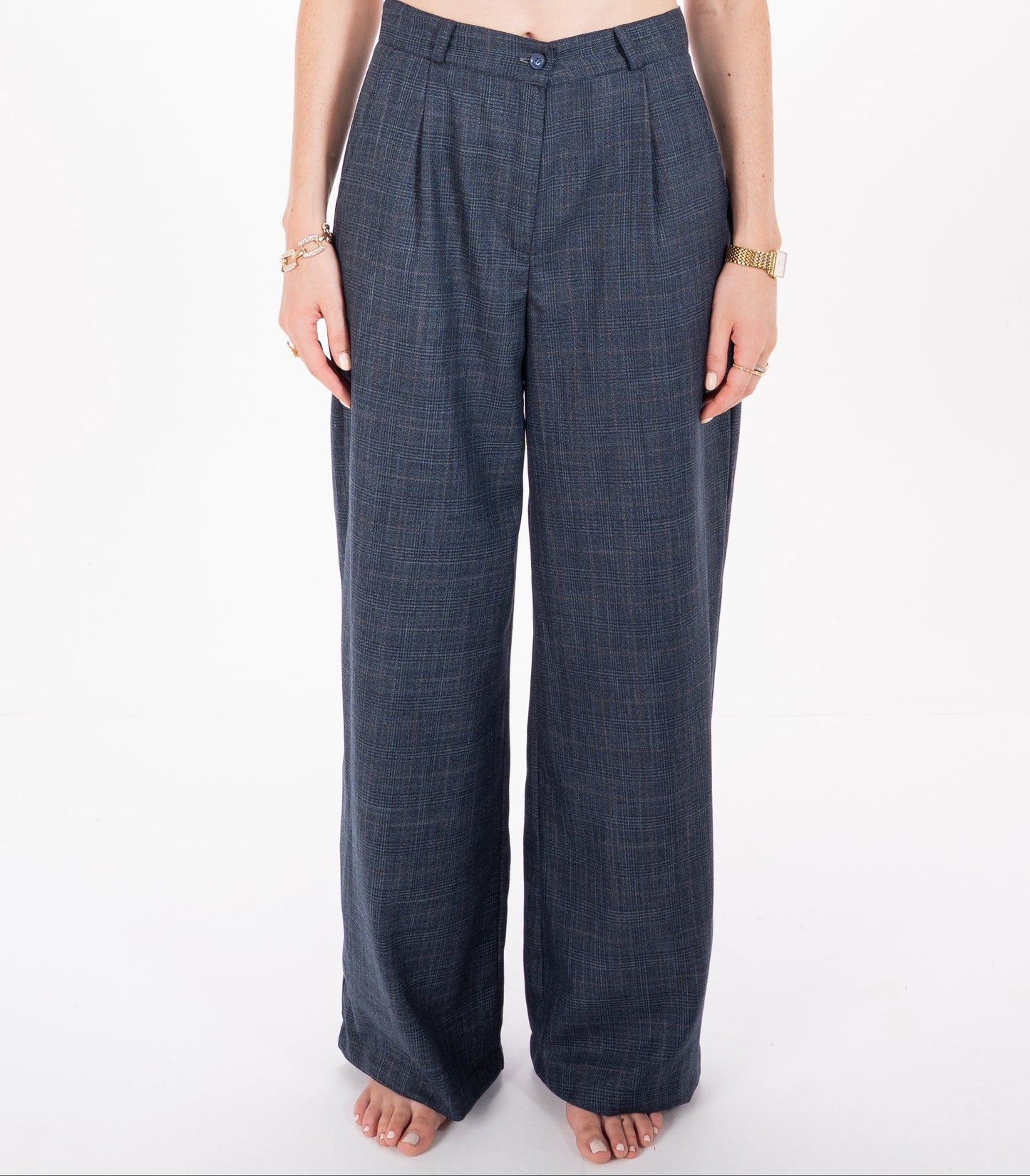 Checked Straight Fit Pants in Navy Blue