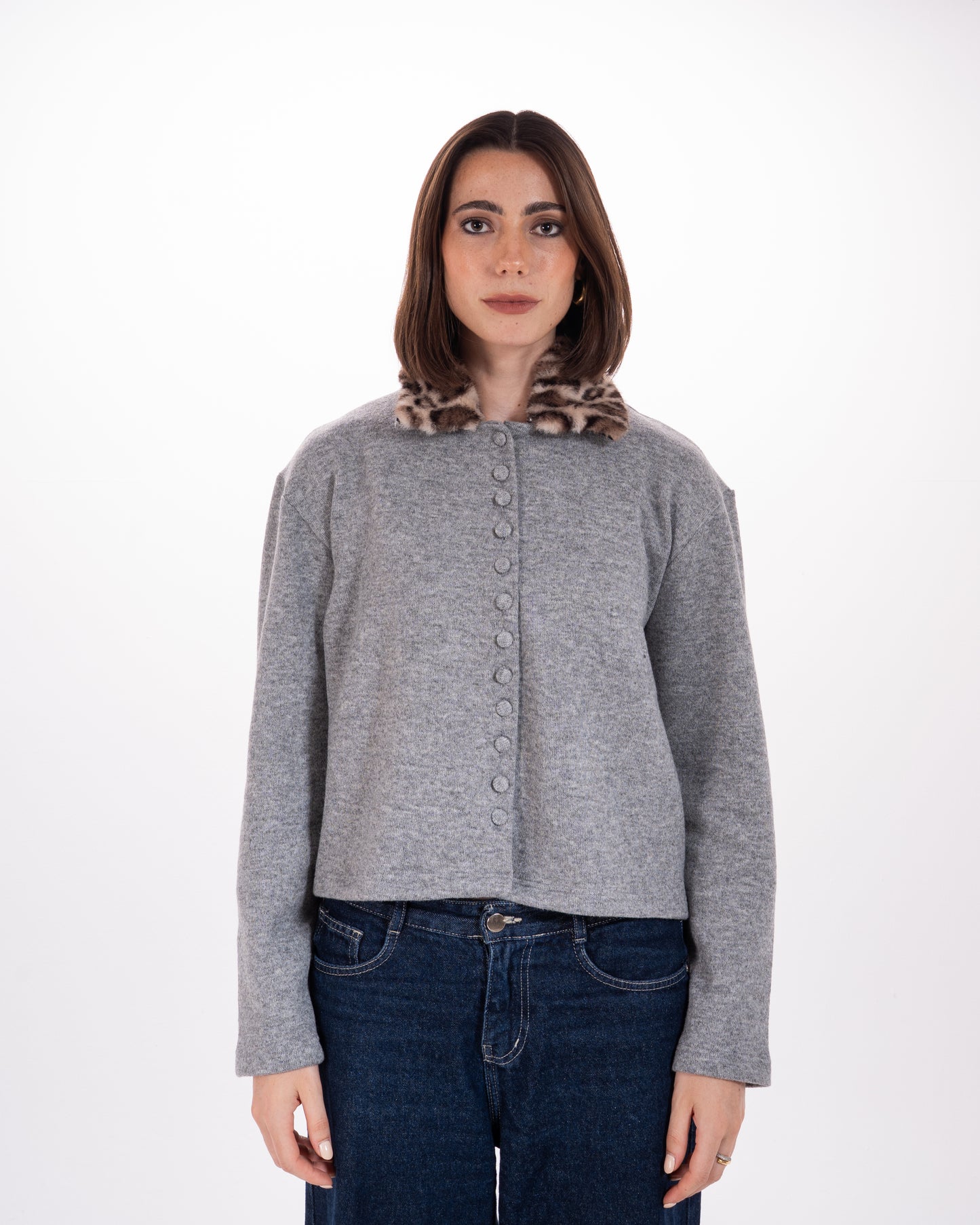 Leopard Print Collar Knit Cardigan in Grey