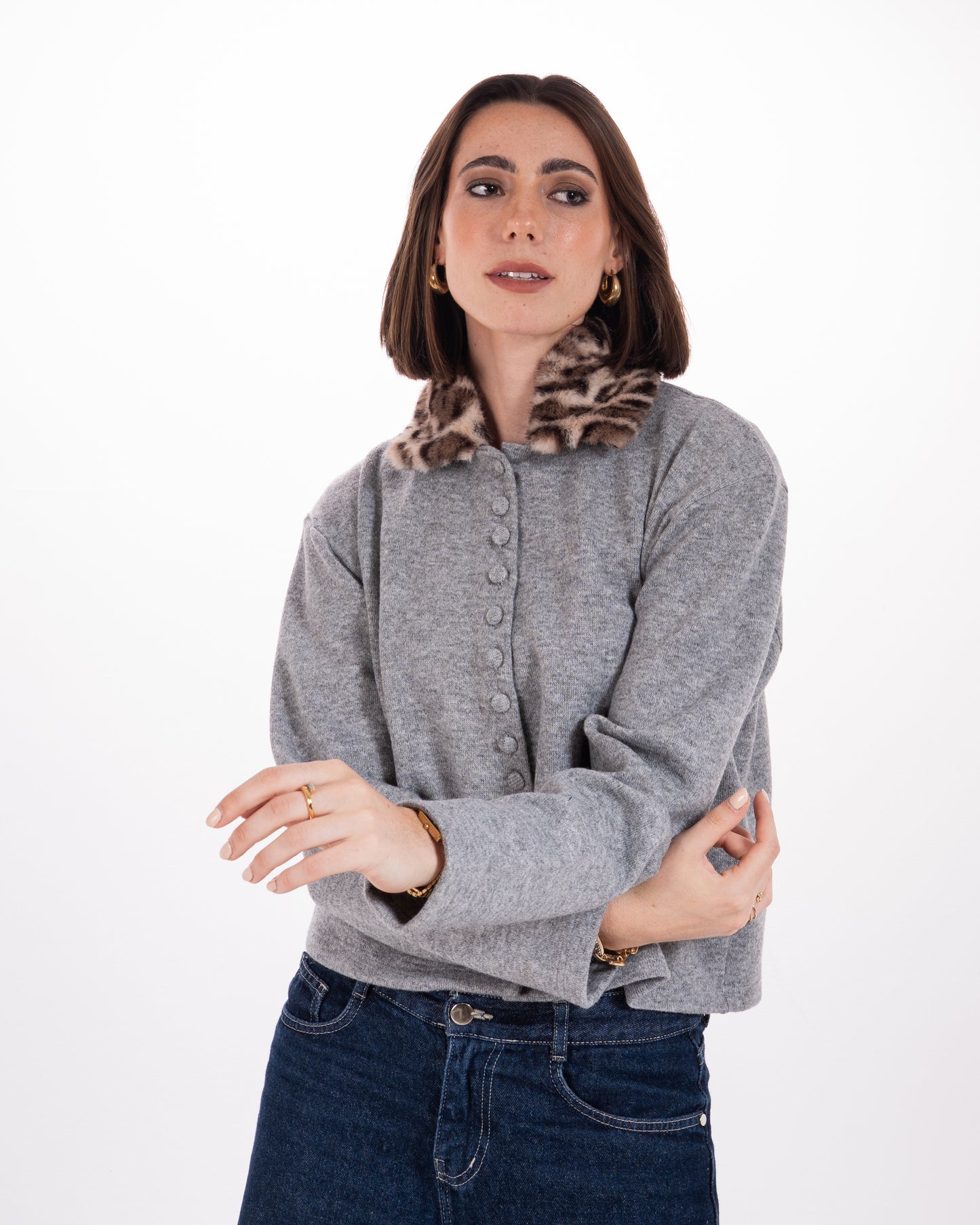 Leopard Print Collar Knit Cardigan in Grey