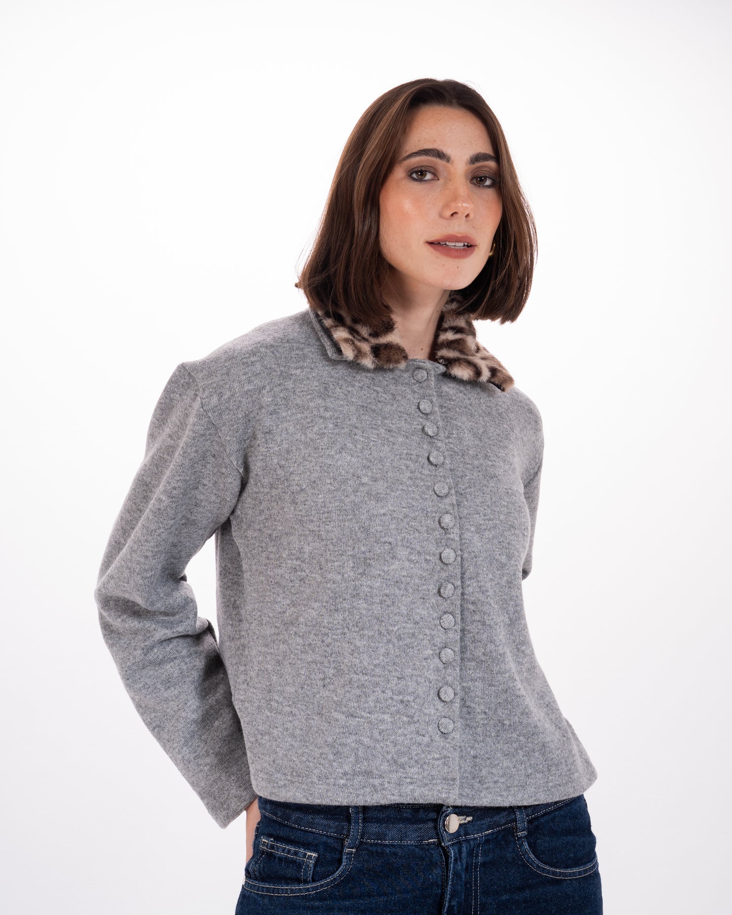 Leopard Print Collar Knit Cardigan in Grey