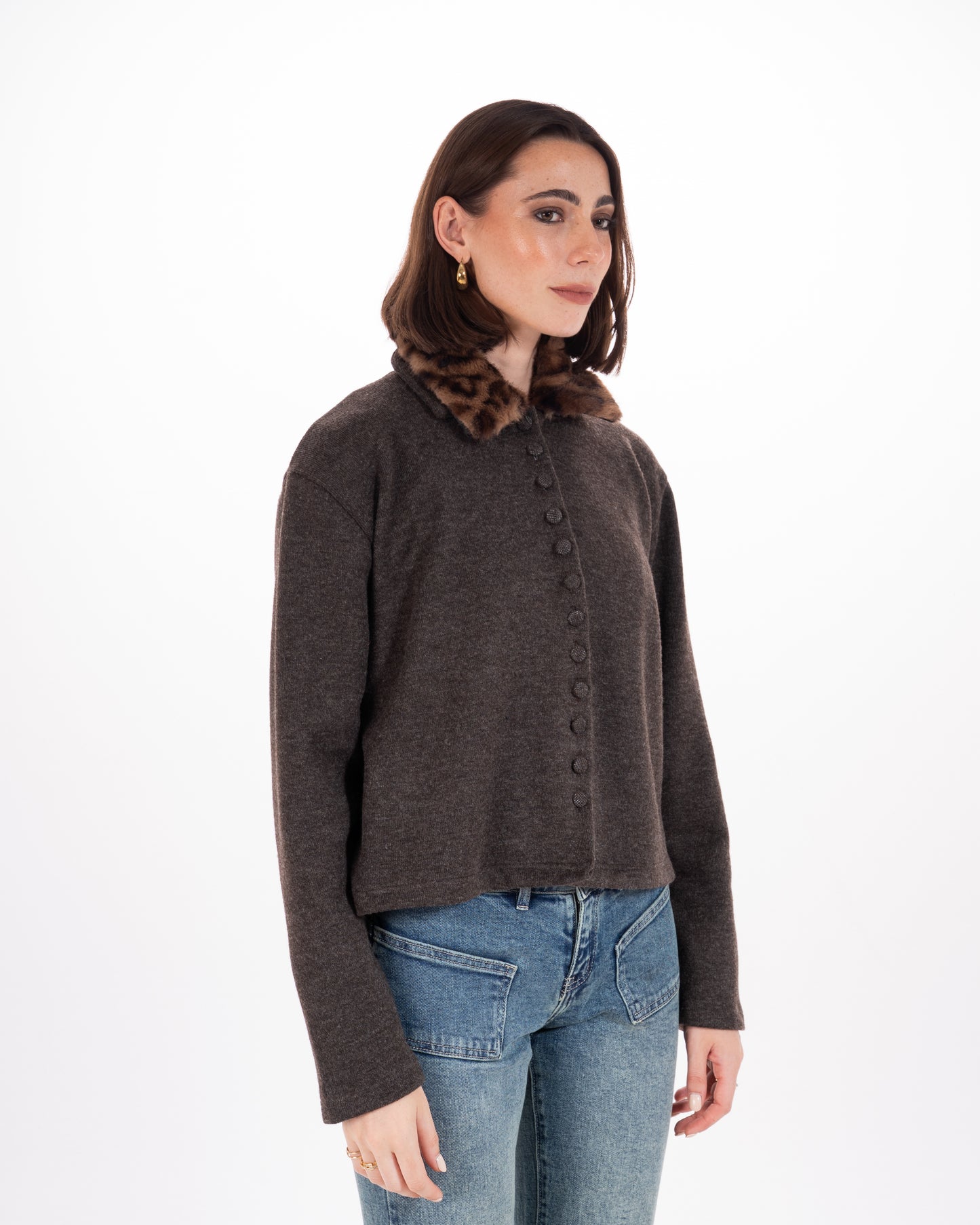 Leopard Print Collar Knit Cardigan in Brown