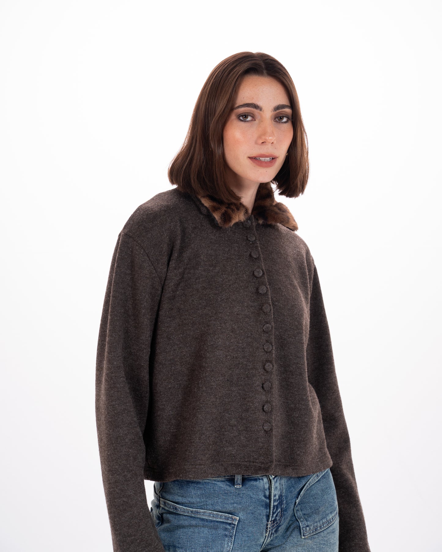 Leopard Print Collar Knit Cardigan in Brown