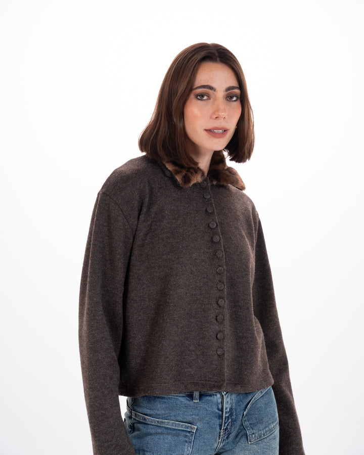 Leopard Print Collar Knit Cardigan in Brown