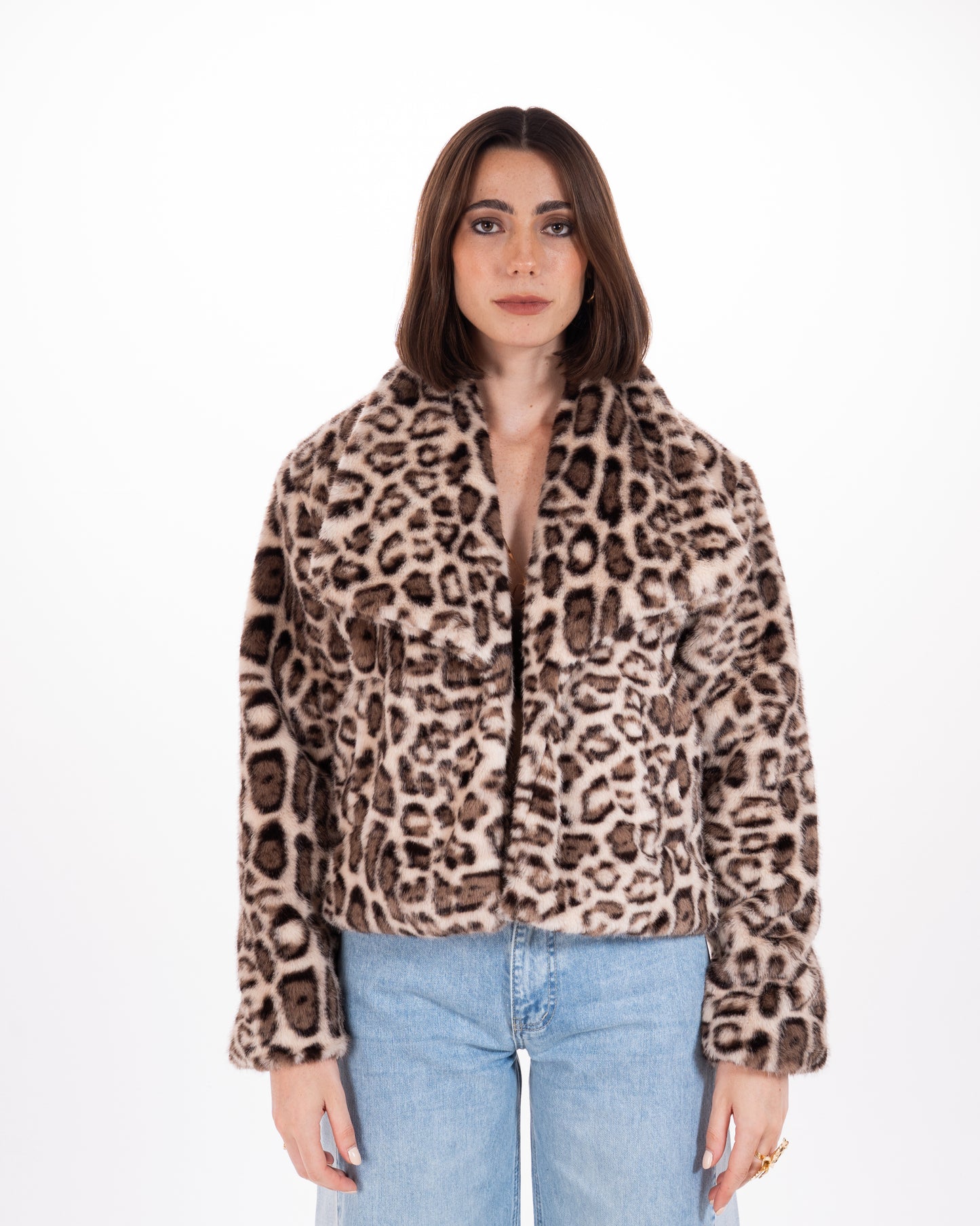 Leopard Print Faux Fur Jacket in Beige