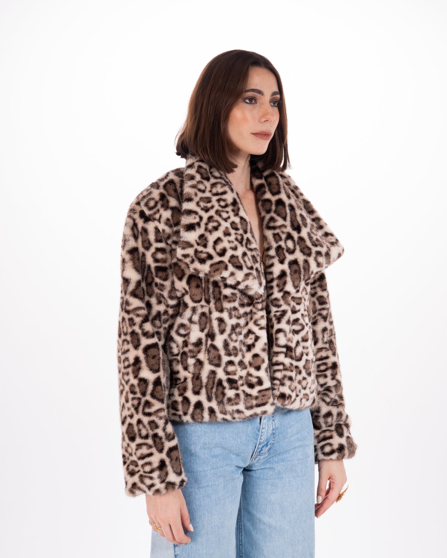 Leopard Print Faux Fur Jacket in Beige