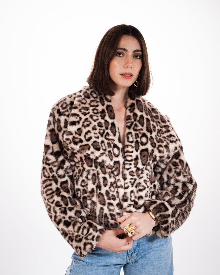 Leopard Print Faux Fur Jacket in Beige
