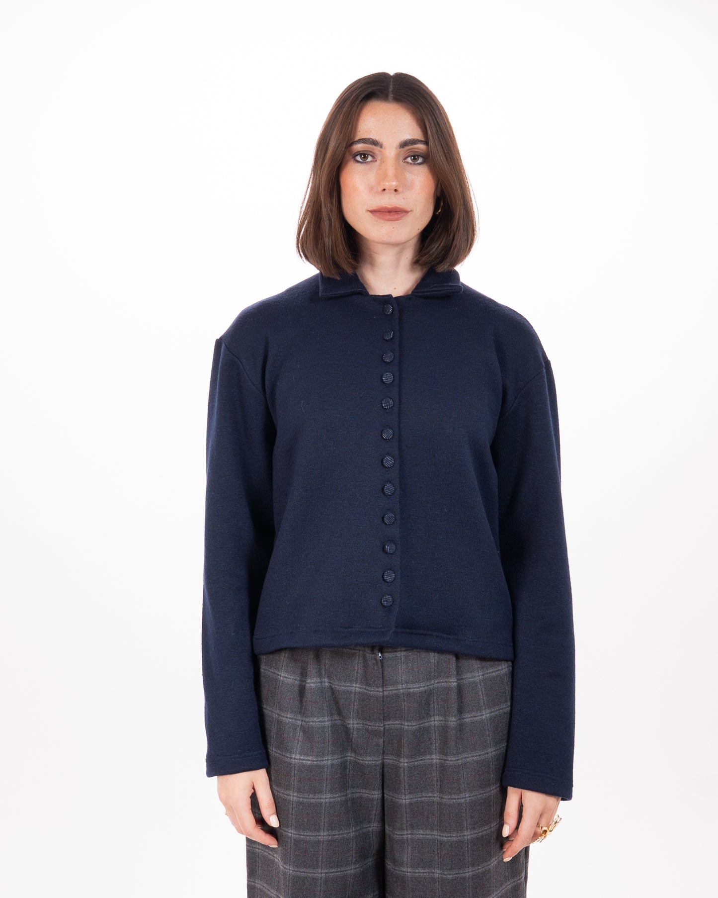 Leopard Print Collar Knit Cardigan in Navy