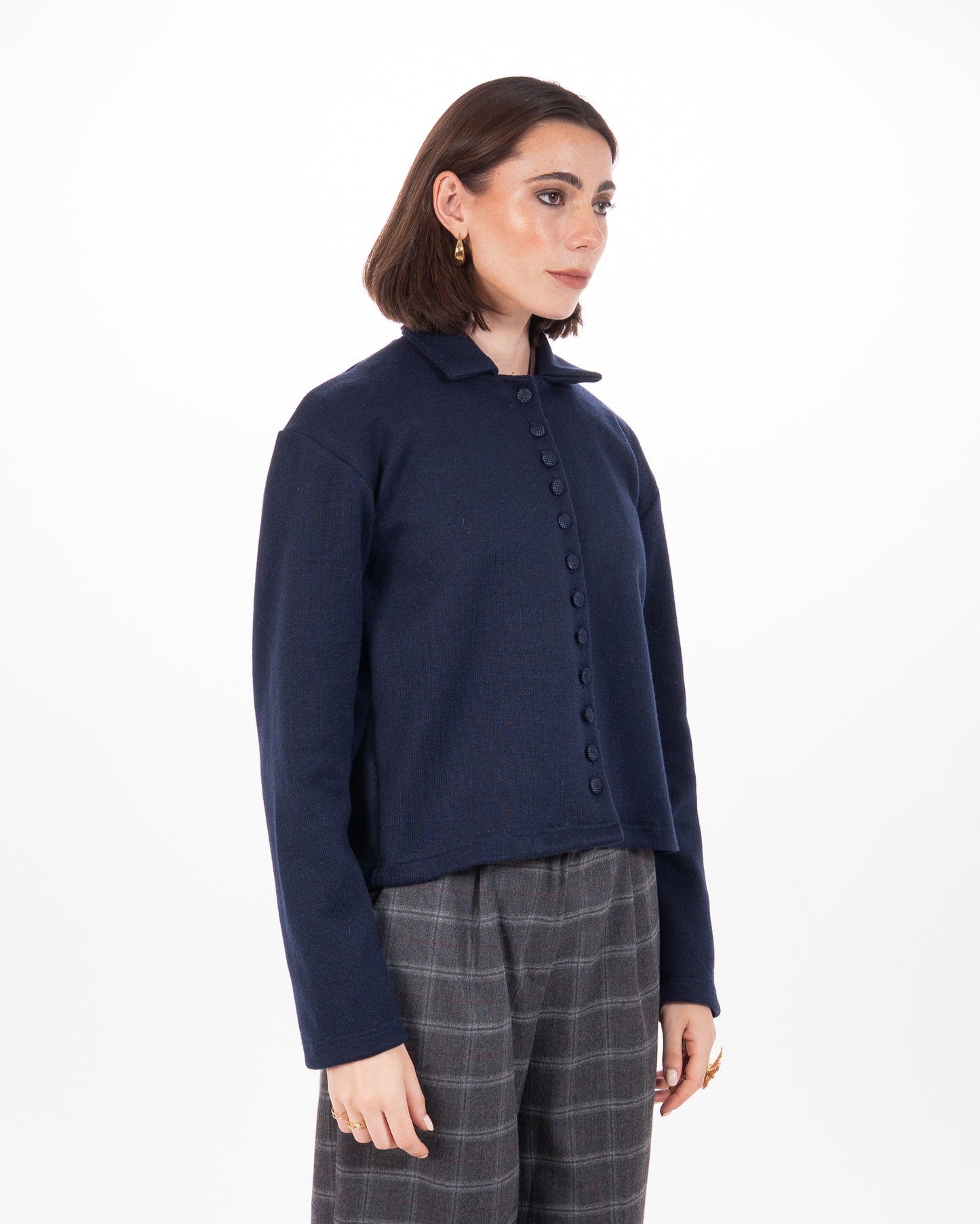 Leopard Print Collar Knit Cardigan in Navy