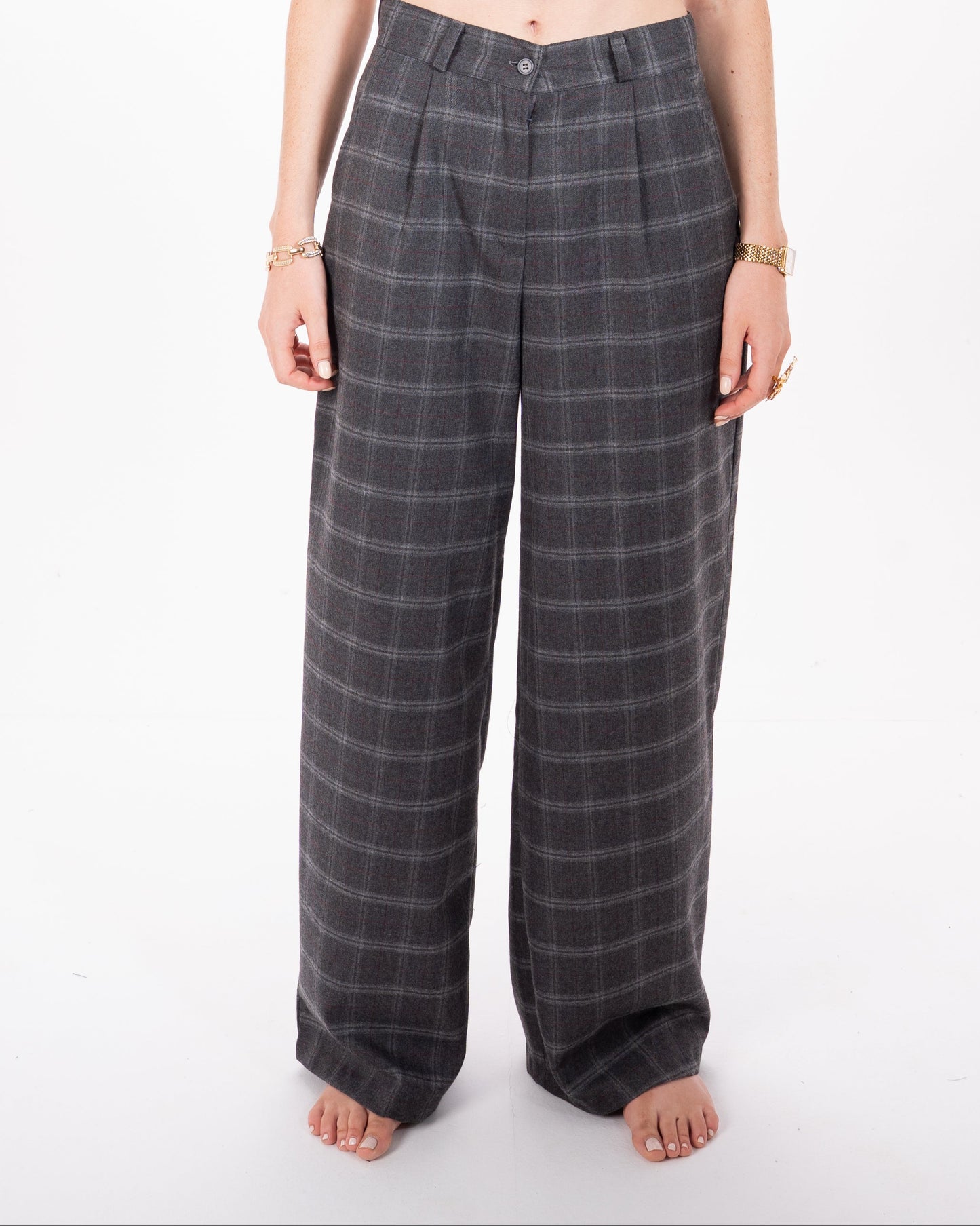 Checked Straight Fit Pants in Grey