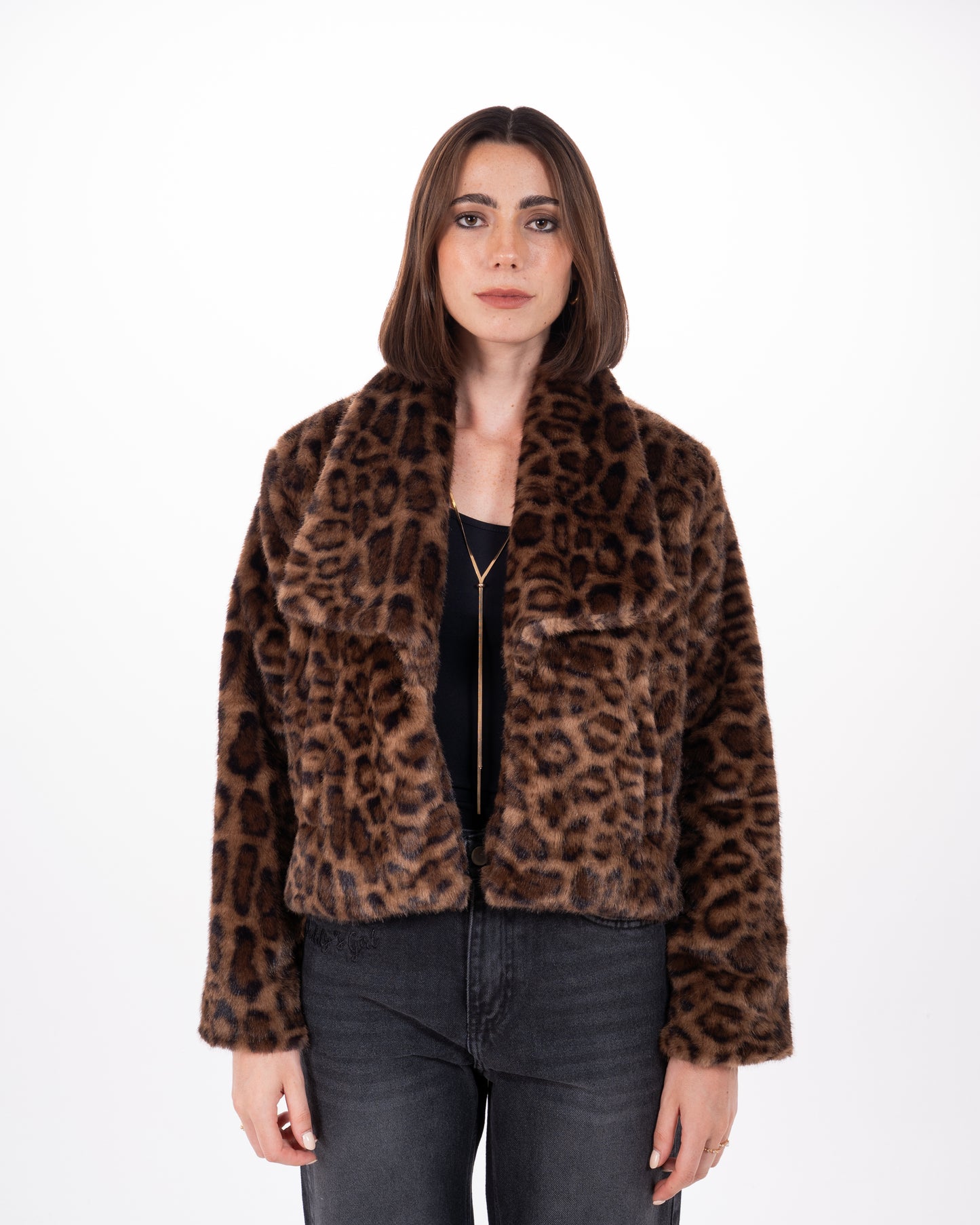 Leopard Print Faux Fur Jacket in Brown