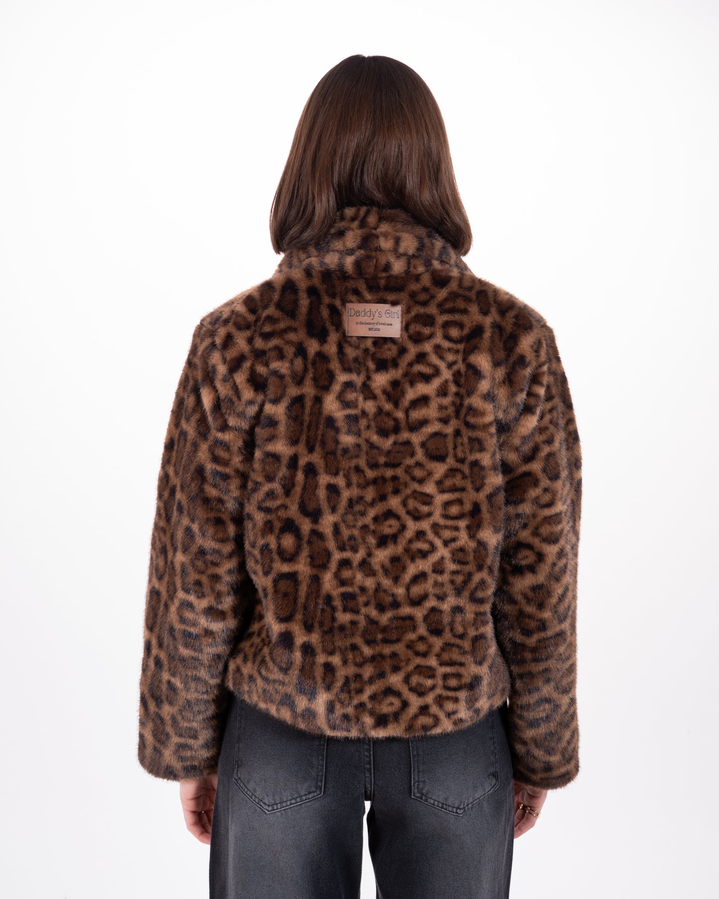 Leopard Print Faux Fur Jacket in Brown