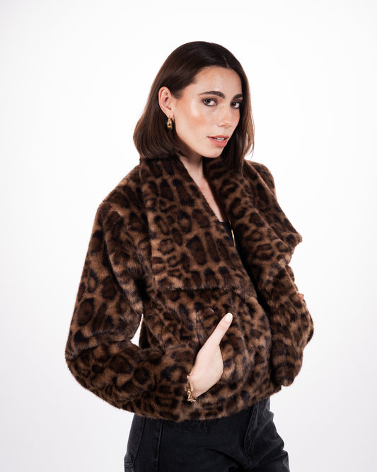 Leopard Print Faux Fur Jacket in Brown