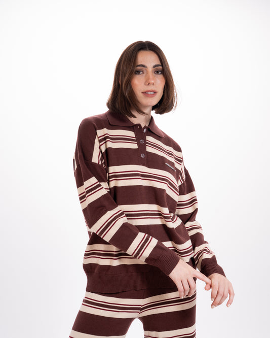 Striped Knit Polo in Brown