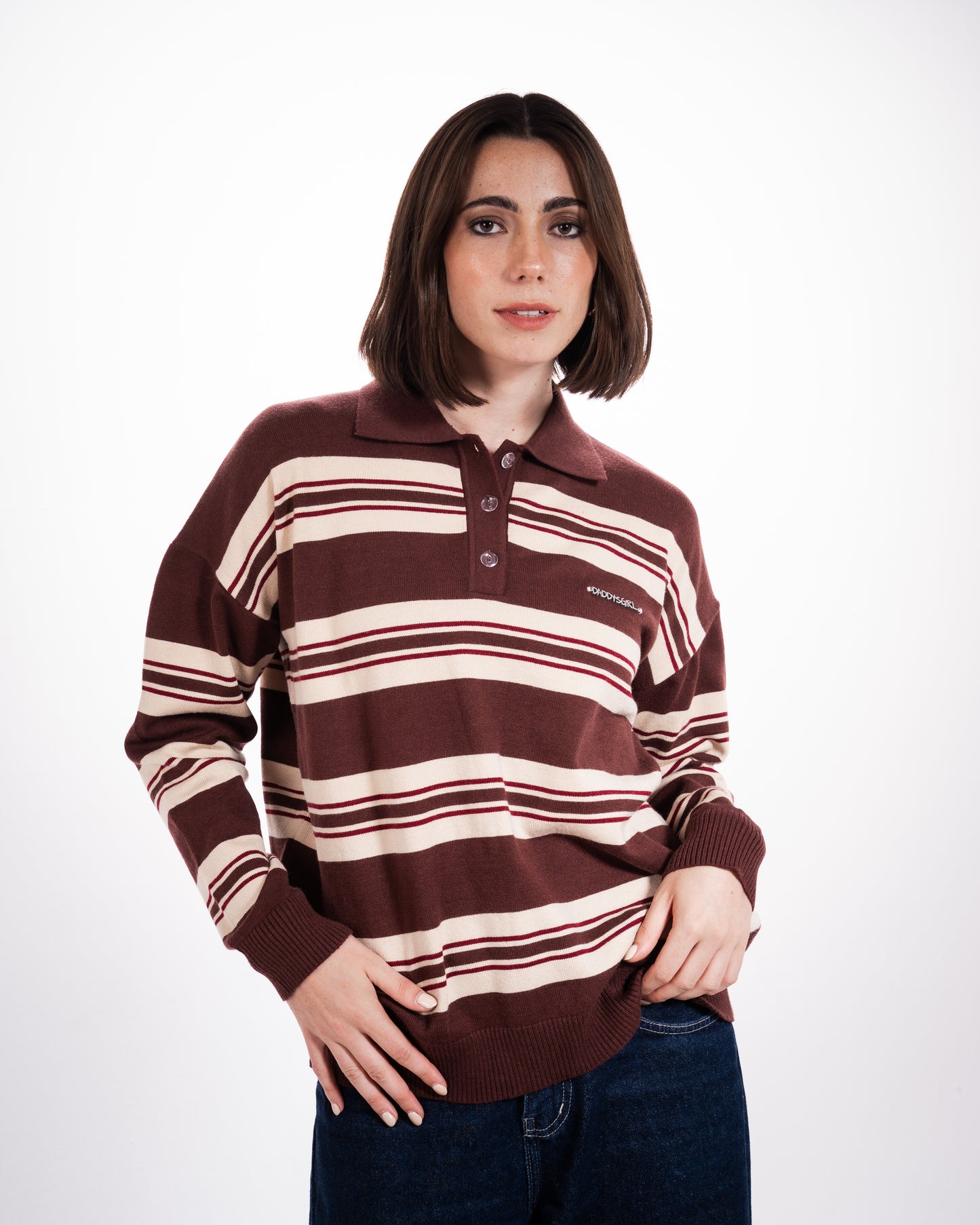 Striped Knit Polo in Brown
