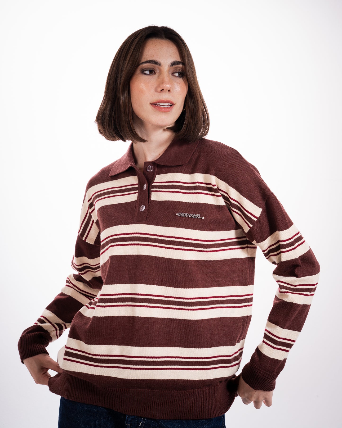 Striped Knit Polo in Brown