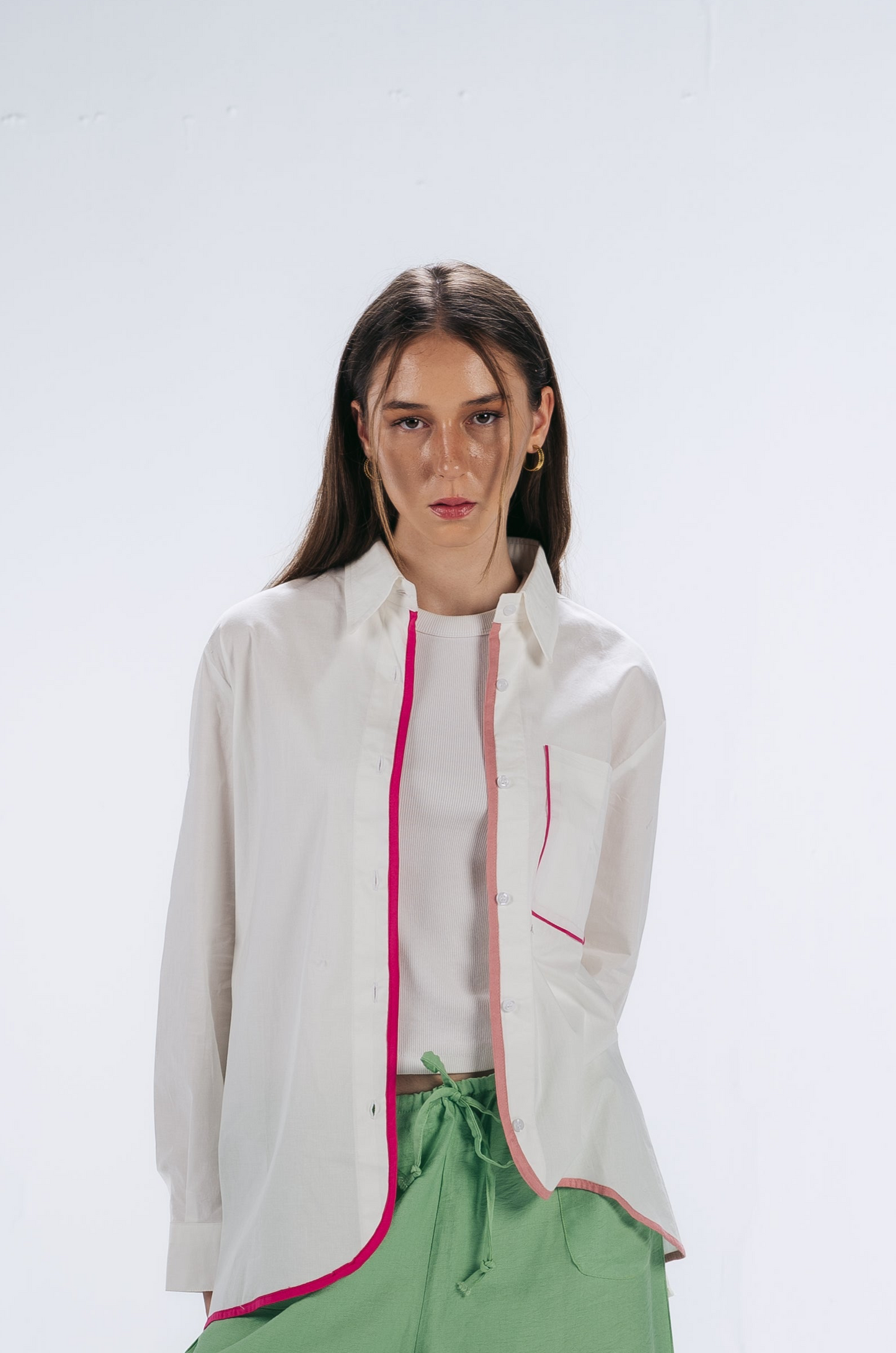 White Shirt with Pink Strip Detail