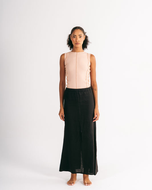 Midi Skirt with Drawstring in Black