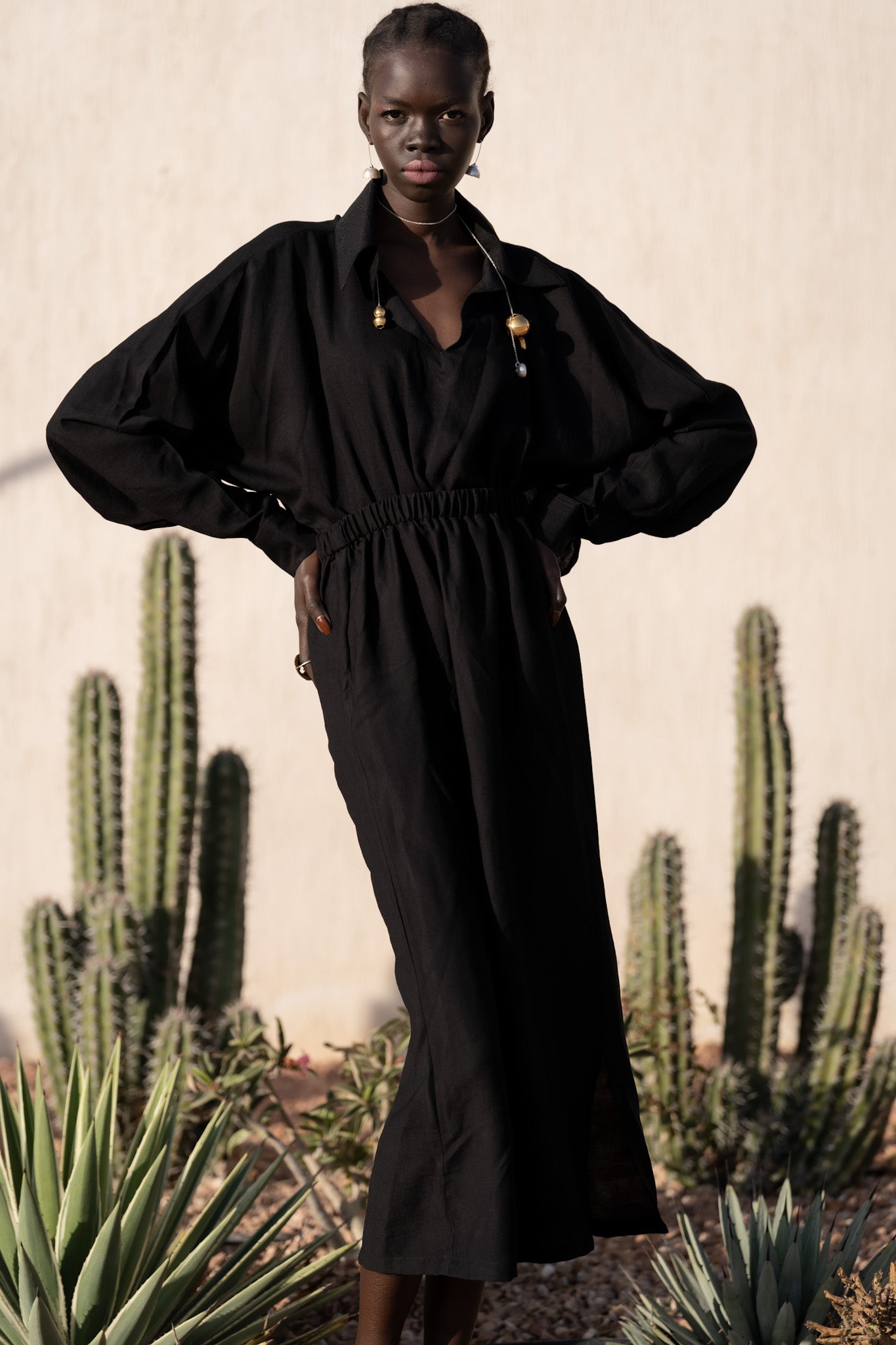 Open-Back Linen Dress in Black