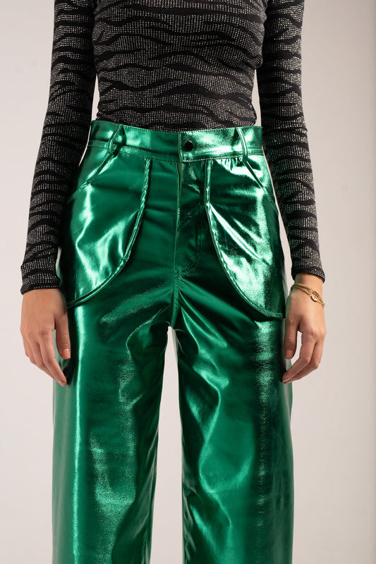 Metallic Straight Fit Pants in Green