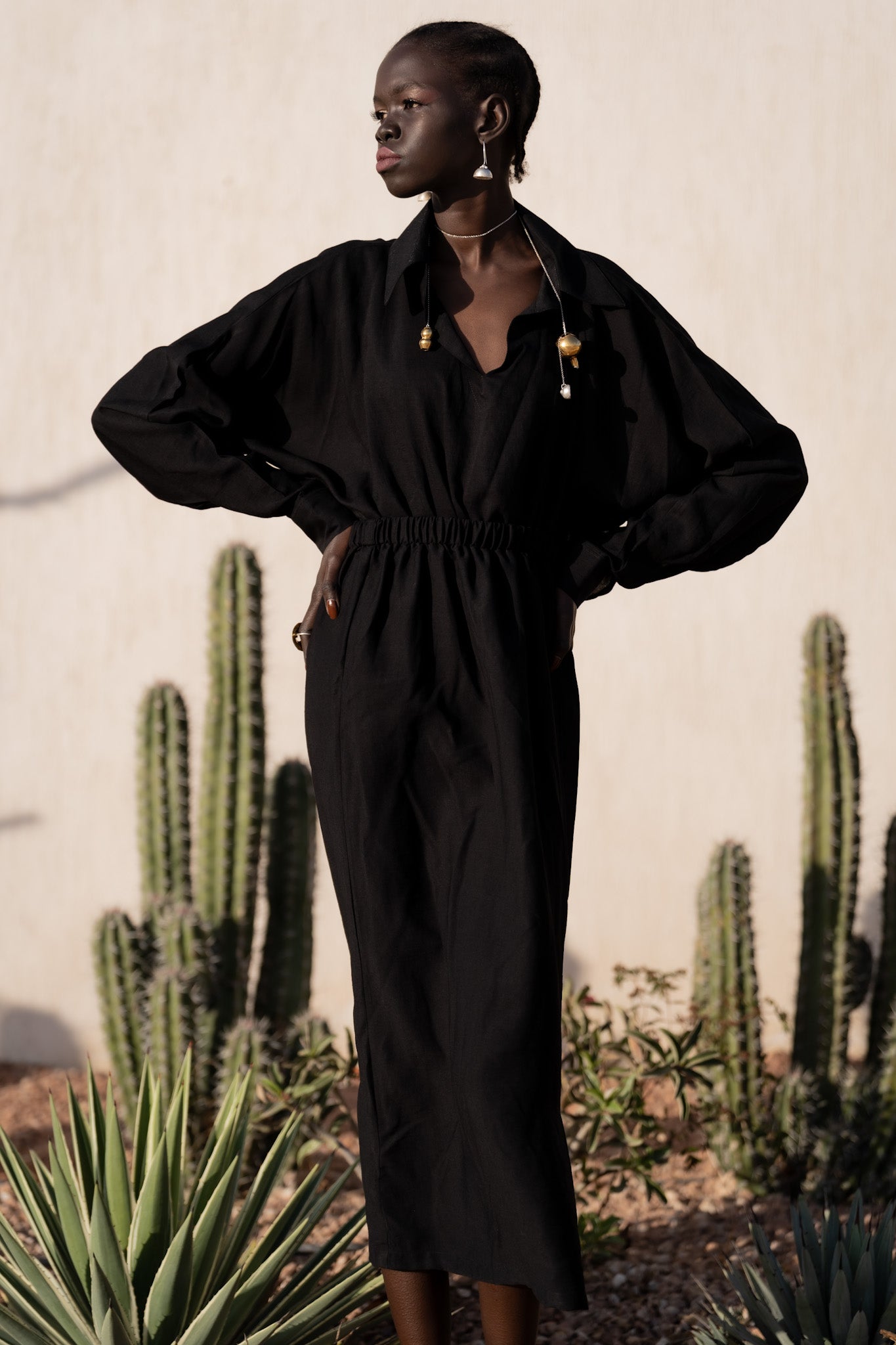 Open-Back Linen Dress in Black